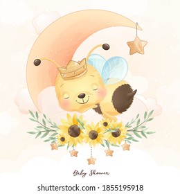 Cute doodle bee with floral illustration