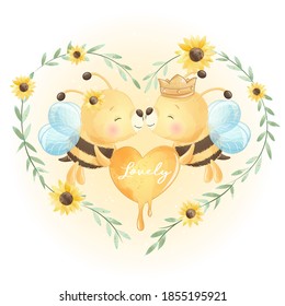 Cute doodle bee with floral illustration