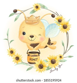 Cute doodle bee with floral illustration