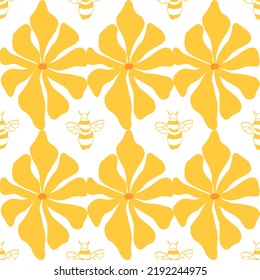 Cute doodle bee seamless white pattern, retro yellow flowers. Summer fabric textile, insect textile, wallpaper.