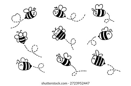 Cute doodle bees illustration set. Hand drawn flying bees with dashed flight paths. Black and white cartoon insect elements. Vector illustration.