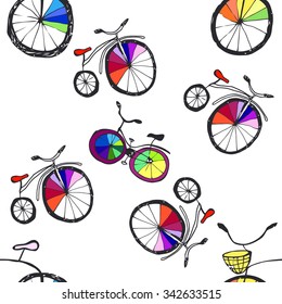 Cute  doodle bicycles on white. Seamless pattern, cartoon style
