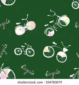 Cute  doodle bicycles. Seamless pattern, cartoon style