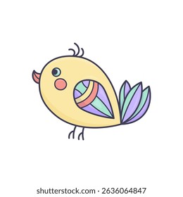 Cute doodle bird in pastel colors, cartoon clipart on white background. Decorative hand-drawn illustration for kids, prints, and craft projects.
