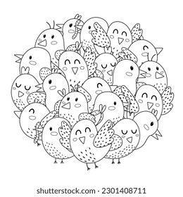 Cute doodle birds circle shape coloring page. Funny characters mandala for coloring book. Vector illustration