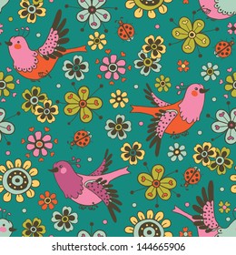 Cute Doodle Birds Floral Seamless Pattern. Copy that square to the side and you'll get seamlessly tiling pattern which gives the resulting image ability to be repeated or tiled without visible seams 