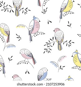 Cute doodle birds on sprigs vector seamless pattern. Line art style spring nature background. Bloomy design for nursery and baby fashion.