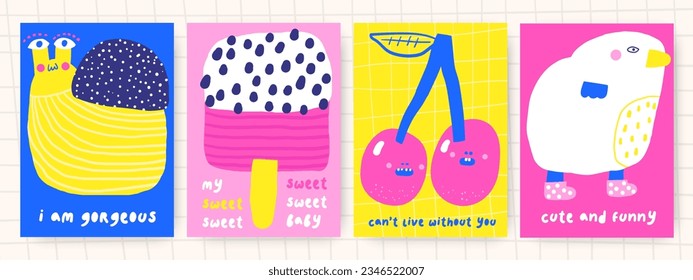 Cute doodle birthday, party, baby shower cards, brochures, invitations with cherry, chick, ice cream, snail. Cartoon characters, objects background. Printable templates set