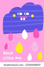 Cute doodle birthday, party, baby shower card, brochure, invitation with rainy cloud, water drops. Cartoon character, object background. Printable template