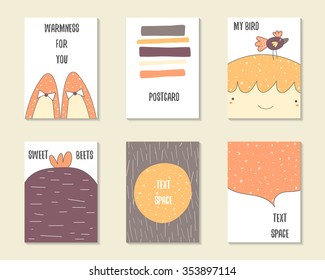 Cute doodle birthday, party, baby shower cards, brochures, invitations stripes, girl, bird, beet, dialog bubble, circle, shoes. Cartoon characters, objects background. Printable templates set