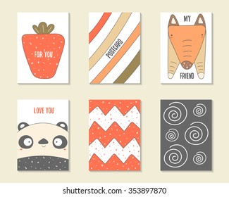 Cute doodle birthday, party, baby shower cards, brochures, invitations with strawberry, stripes, fox, panda, waves, swirls. Cartoon characters, objects background. Printable templates set