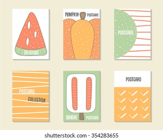 Cute doodle birthday, party, baby shower cards, brochures, invitations with watermelon, pumpkin, dialog bubble, stripes, ice cream. Cartoon food, objects background. Printable templates set