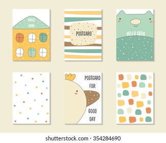 Cute doodle birthday, party, baby shower cards, brochures, invitations with house, stripes, cat, bird, dialog bubble, dots. Cartoon characters, objects background. Printable templates set