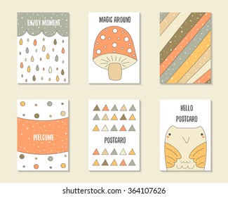 Cute doodle birthday, party, baby shower cards, brochures, invitations with cloud, drops, mushroom, stripes, owl, triangles, banner. Cartoon characters, objects background. Printable templates set