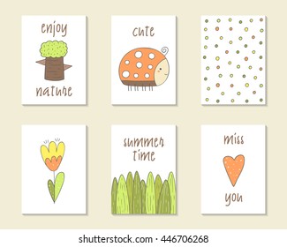 Cute doodle birthday, party, baby shower cards, brochures, invitations with tree, lady bird, polka dot, flower, grass, heart. Cartoon objects, character background. Printable templates set