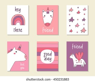 Cute doodle birthday, party, baby shower cards, brochures, invitations with rainbow, unicorn, stars, stripes. Cartoon objects background. Printable templates set