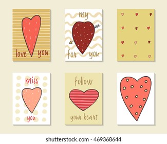 Cute doodle birthday, party, wedding, valentine cards, brochures, invitations with hearts collection. Cartoon objects background. Printable templates set