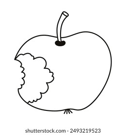 Cute doodle bitten apple with stub. Simple green apple with bite as symbol of snack at school, organic nutrition, fitness food. Hand drawn outline illustration isolated on white background.