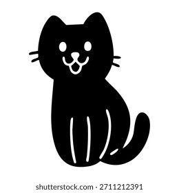 Gato negro lindo del doodle que se sienta con una cara feliz y Formas lúdicas simples. Vector dibujado a mano ilustración aislada. 