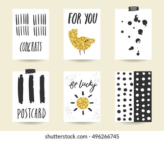 Cute doodle black and gold birthday, party, baby shower cards, brochures, invitations with bird, polka dots, splashes, stripes, sun. Cartoon characters, objects background. Printable templates set