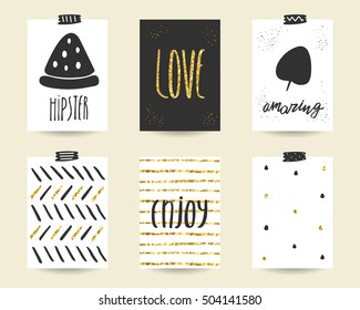 Cute doodle black and gold birthday, party, baby shower cards, brochures, invitations with watermelon, leaf, stripes. Cartoon objects background. Printable templates set
