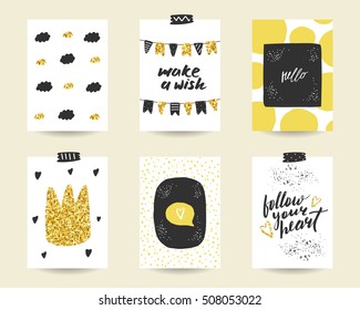 Cute doodle black and gold birthday, party, baby shower cards, brochures, invitations with crown, banner, flags, heart, clouds, circles. Cartoon objects background. Printable templates set