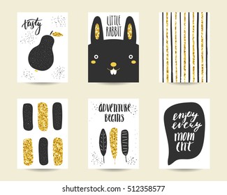 Cute doodle negro y dorado cumpleaños, fiesta, nicho de bebé, invitaciones con pera, conejo, burbuja de diálogo, pluma, rayas, banner. Caracteres de dibujo, fondo de objetos. Conjunto de plantillas impresas