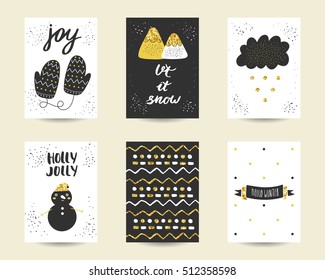 Cute doodle black and gold birthday, party, baby shower cards, invitations with cloud, mittens, snowman, snow, pattern, ribbon, banner. Cartoon characters, objects background. Printable templates set