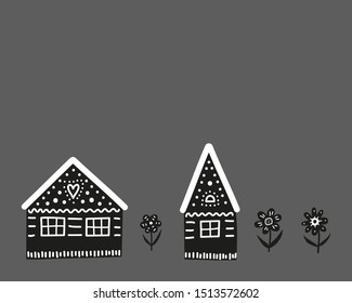 Cute doodle black scandinavian houses and big flowers isolated on chalkboard background. Nordic folk art poster.