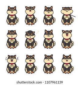 Cute doodle black shiba inu emotions. Stickers vector set.