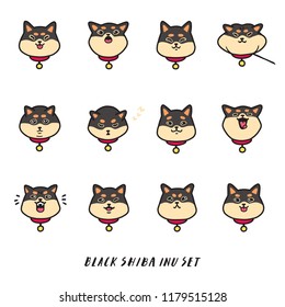 Cute doodle black shiba inu's head emotions. Stickers vector set.