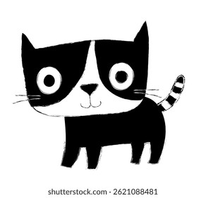 Cute doodle black vector cat, Fun kitty childish illustration, kawaii animal graphic design element