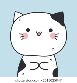Cute doodle black and white cat with pink cheeks. Hand drawn cartoon smiling cat portrait. Vector illustration