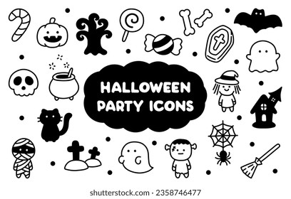 Cute Doodle Black and White Hand-Drawn Halloween Party Icons Vector for Kids and Children. Can tile this icons in pattern for printing an adorable gift box paper. Your baby boy and girl will like it.