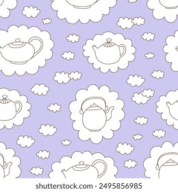 Cute doodle black and white kettle seamless pattern. Cloud shapes retro background. Good for printing wrapping scrapbooking paper, textile, fabric.