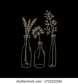 Cute doodle blade of grass in a bottle on a black background. Hand-drawn vector illustration.