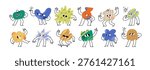Cute doodle blobs, funky figures characters set. Funny abstract shapes with happy smiling faces, emotions and expressions. Comic emoji in cartoon style. Flat vector illustration on white background
