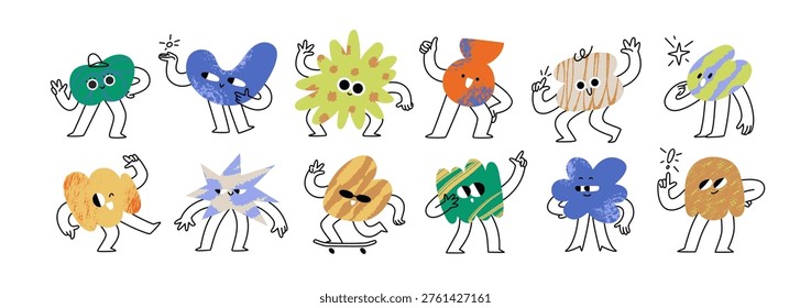 Cute doodle blobs, funky figures characters set. Funny abstract shapes with happy smiling faces, emotions and expressions. Comic emoji in cartoon style. Flat vector illustration on white background
