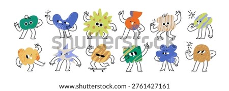 Cute doodle blobs, funky figures characters set. Funny abstract shapes with happy smiling faces, emotions and expressions. Comic emoji in cartoon style. Flat vector illustration on white background