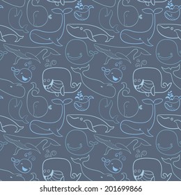 Cute doodle Blue Whales. Marine seamless background. Dark version.
