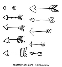Cute doodle boho arrows set isolated on white background. Vector illustration. 