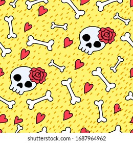 Cute doodle bones and hearts hand drawn seamless pattern