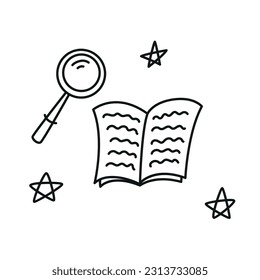 libro de doodle lindo, libro de lectura, búsqueda en libros, información de búsqueda, libro, una lupa para leer