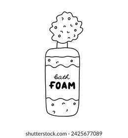 Lindo doodle botella de champú de espuma de baño. Baño azul y ducha cosmética para baño aromático con burbujas. Botella de plástico de espuma para la relajación. Clipart simple con contorno dibujado a mano aislado en blanco.