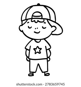 Cute doodle boy character in cap with closed eyes.Black and white kawaii child illustration isolated on light background. Simple hand drawn vector clipart for stickers, coloring pages and kids design.