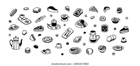 Cute doodle Elementos de desayuno conjunto. Iconos de la línea de café, bebida, postre, panqueques. Brunch, cafetería, restaurante, brasserie y menú pastelería. Dibujado a mano boceto minimalista fondo de diseño de alimentos