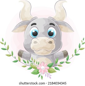 Cute doodle bull with watercolor illustration