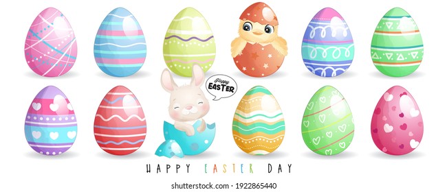 Cute doodle bunny and chic for happy easter day illustration