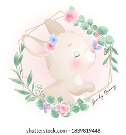 Cute doodle bunny with floral illustration