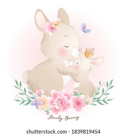 Cute doodle bunny with floral illustration